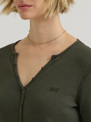 Women's Waffle Knit Henley Button Down Top in Olive Night alternative view 2