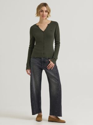 Women's Waffle Knit Henley Button Down Top in Olive Night alternative view 3