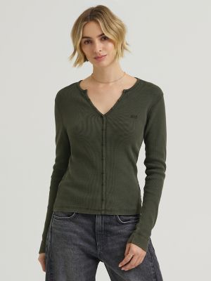 Women's Waffle Knit Henley Button Down Top in Olive Night alternative view 4