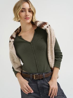 Women's Waffle Knit Henley Button Down Top