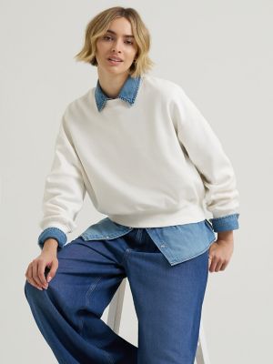 Women's Solid Crew Neck Sweatshirt in Ecru