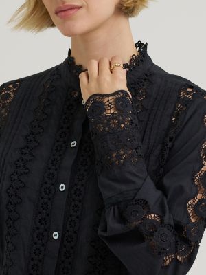 Women's Lace Button Down Blouse in Black