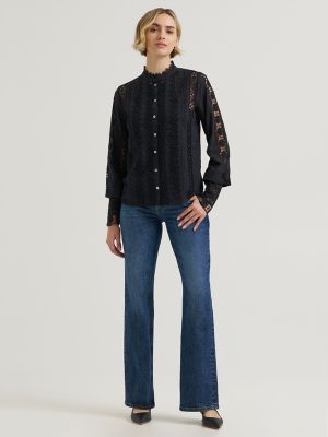 Women's Lace Button Down Blouse in Black