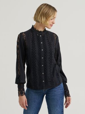 Women's Lace Button Down Blouse in Black