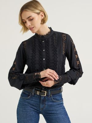 Women's Lace Button Down Blouse in Black