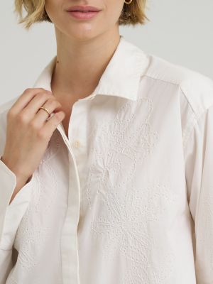 Women's Embroidered Button Down Shirt in Ecru