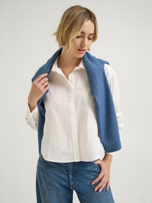 Women's Embroidered Button Down Shirt in Ecru