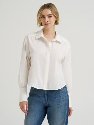 Women's Embroidered Button Down Shirt in Ecru