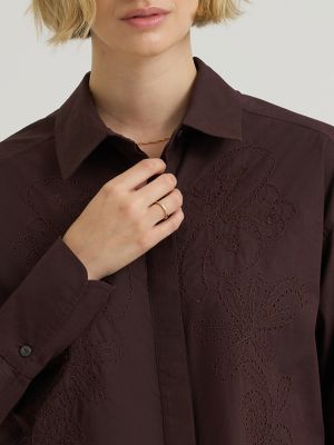 Women's Embroidered Button Down Shirt in Chocolate Torte