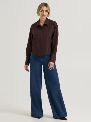 Women's Embroidered Button Down Shirt in Chocolate Torte