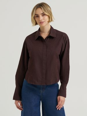 Women's Embroidered Button Down Shirt in Chocolate Torte