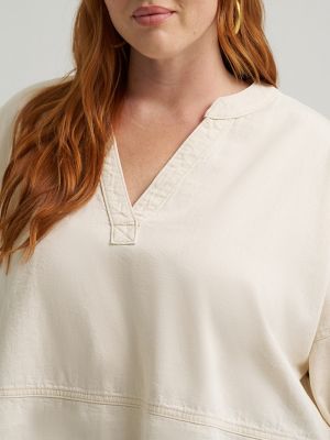 Women's Heritage Loose Popover V-Neck Top (Plus) in Ecru