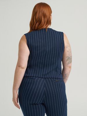 Women's Heritage Knit Button Down Vest (Plus) in Rivet Navy Stripe