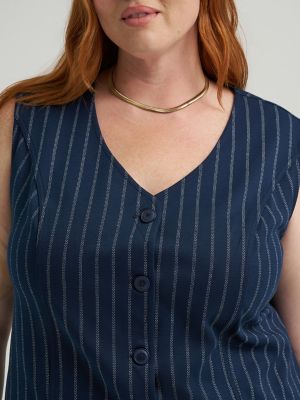 Women's Heritage Knit Button Down Vest (Plus) in Rivet Navy Stripe