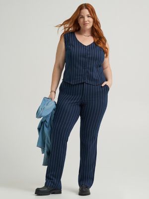 Women's Heritage Knit Button Down Vest (Plus) in Rivet Navy Stripe