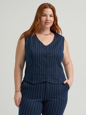 Women's Heritage Knit Button Down Vest (Plus) in Rivet Navy Stripe
