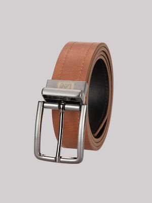 Men's Logo Stamped Reversible Belt in Cognac Black