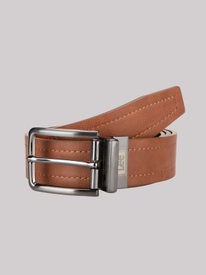 Men's Logo Stamped Reversible Belt in Cognac Black