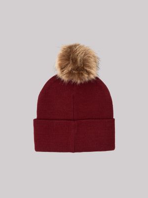 Womens Embroidered Pom Pom Beanie:Red:One Size alternative view