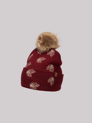 Womens Embroidered Pom Pom Beanie:Red:One Size alternative view 2