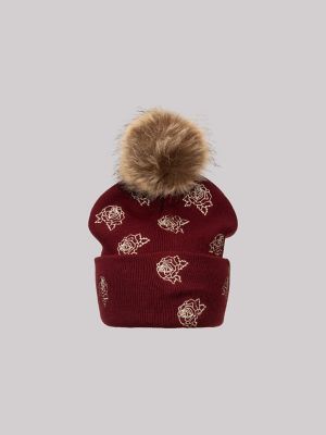 Womens Embroidered Pom Pom Beanie:Red:One Size alternative view 3