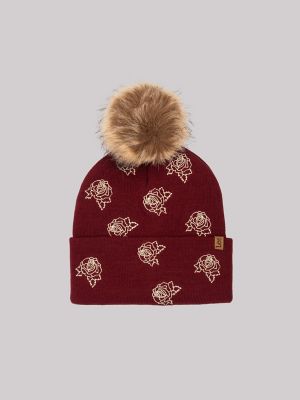 Womens Embroidered Pom Pom Beanie:Red:One Size main view