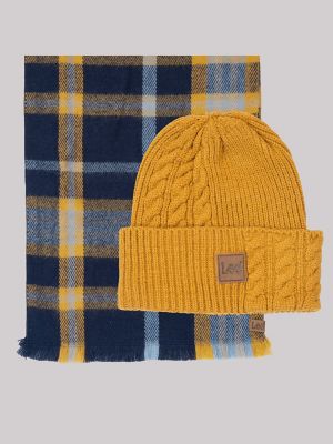 Plaid Scarf and Knit Beanie Set:Yellow:One Size
