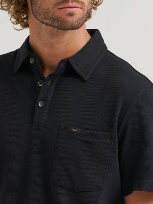 Men's Lightweight Waffle Knit Polo Shirt in Black alternative view 2