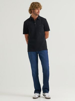 Men's Lightweight Waffle Knit Polo Shirt in Black alternative view 3