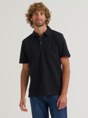 Men's Lightweight Waffle Knit Polo Shirt in Black main view