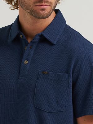 Men's Lightweight Waffle Knit Polo Shirt in Indigo