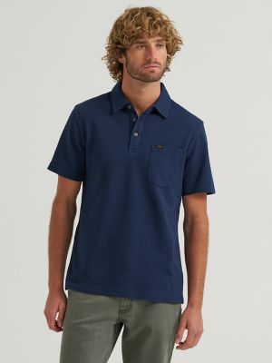 Men's Lightweight Waffle Knit Polo Shirt in Indigo