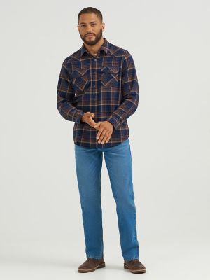 Men's Western Flannel Button Down Shirt in Dark Denim