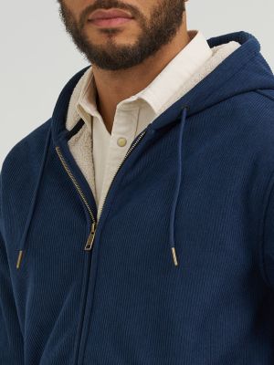 Men's Knit Corduroy Sherpa Lined Hoodie in Indigo