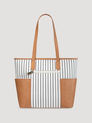 Women's Stripe Logo Tote With Side Pockets in Beige