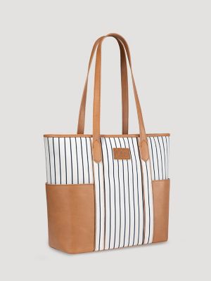 Women's Stripe Logo Tote With Side Pockets in Beige