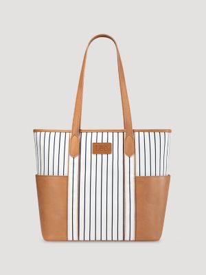 Women's Stripe Logo Tote With Side Pockets in Beige