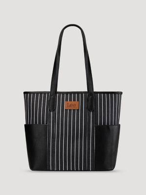 Women's Stripe Logo Tote With Side Pockets in Black