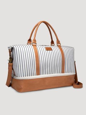 Women's Striped Denim Duffle Bag in Beige