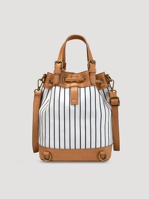 Women's Striped Bucket Backpack in Beige