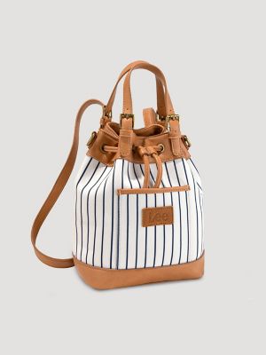 Women's Striped Bucket Backpack in Beige