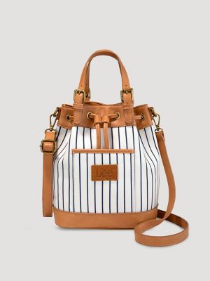 Women's Striped Bucket Backpack in Beige