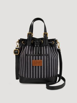 Women's Striped Bucket Backpack in Black