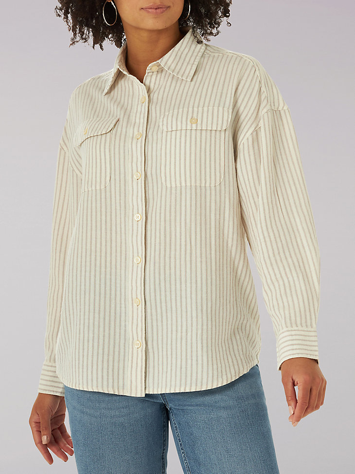 Women's Heritage Frontier Stripe Button Down Shirt in White Sand main view