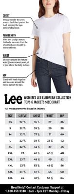 size chart lee jeans