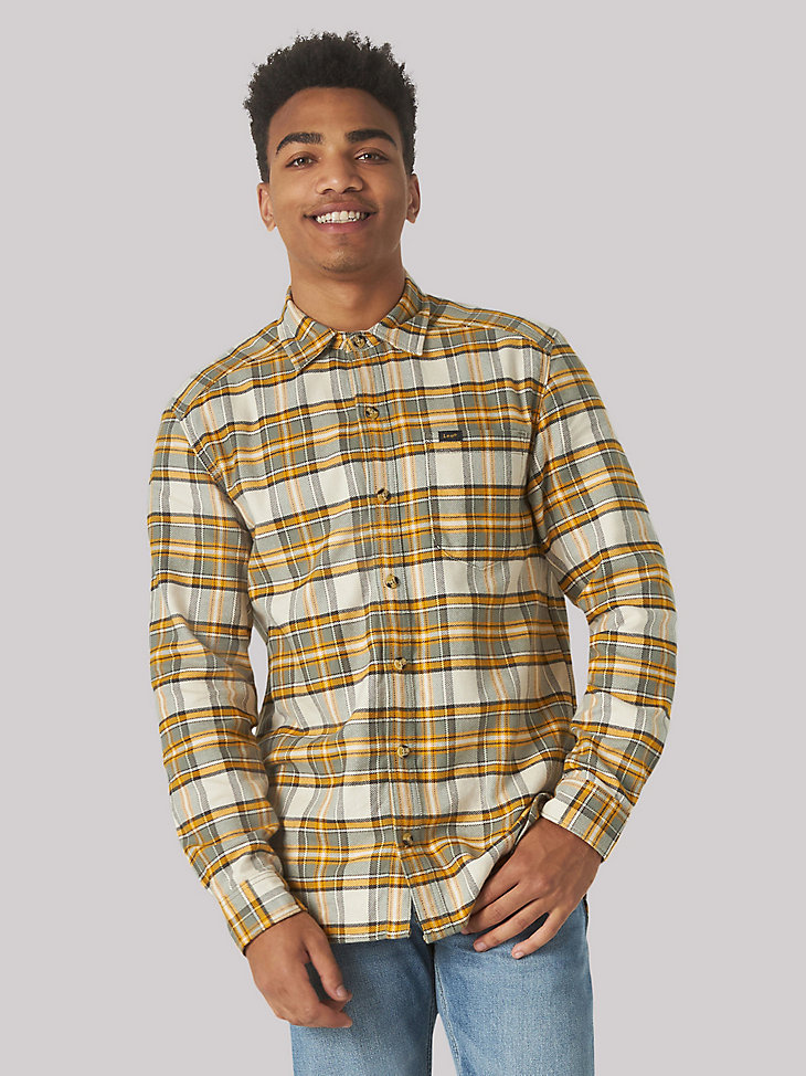 Men's Heritage Flannel Plaid Button Down Shirt in Yellow Grey Flannel main view