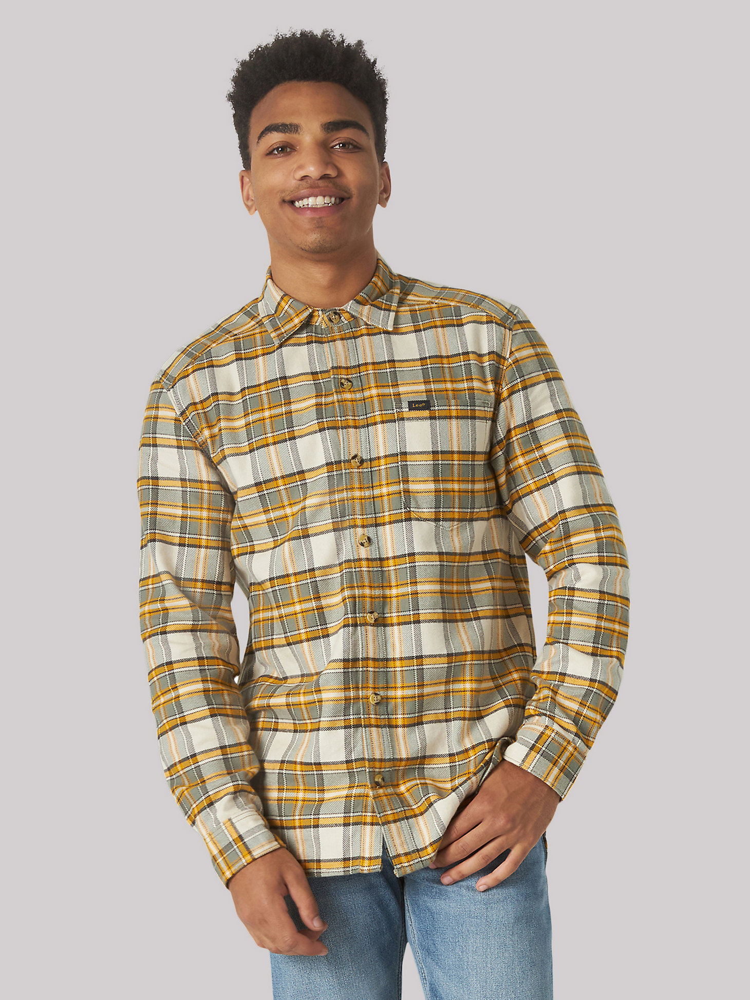 Men's Heritage Flannel Plaid Button Down Shirt in Yellow Grey Flannel main view