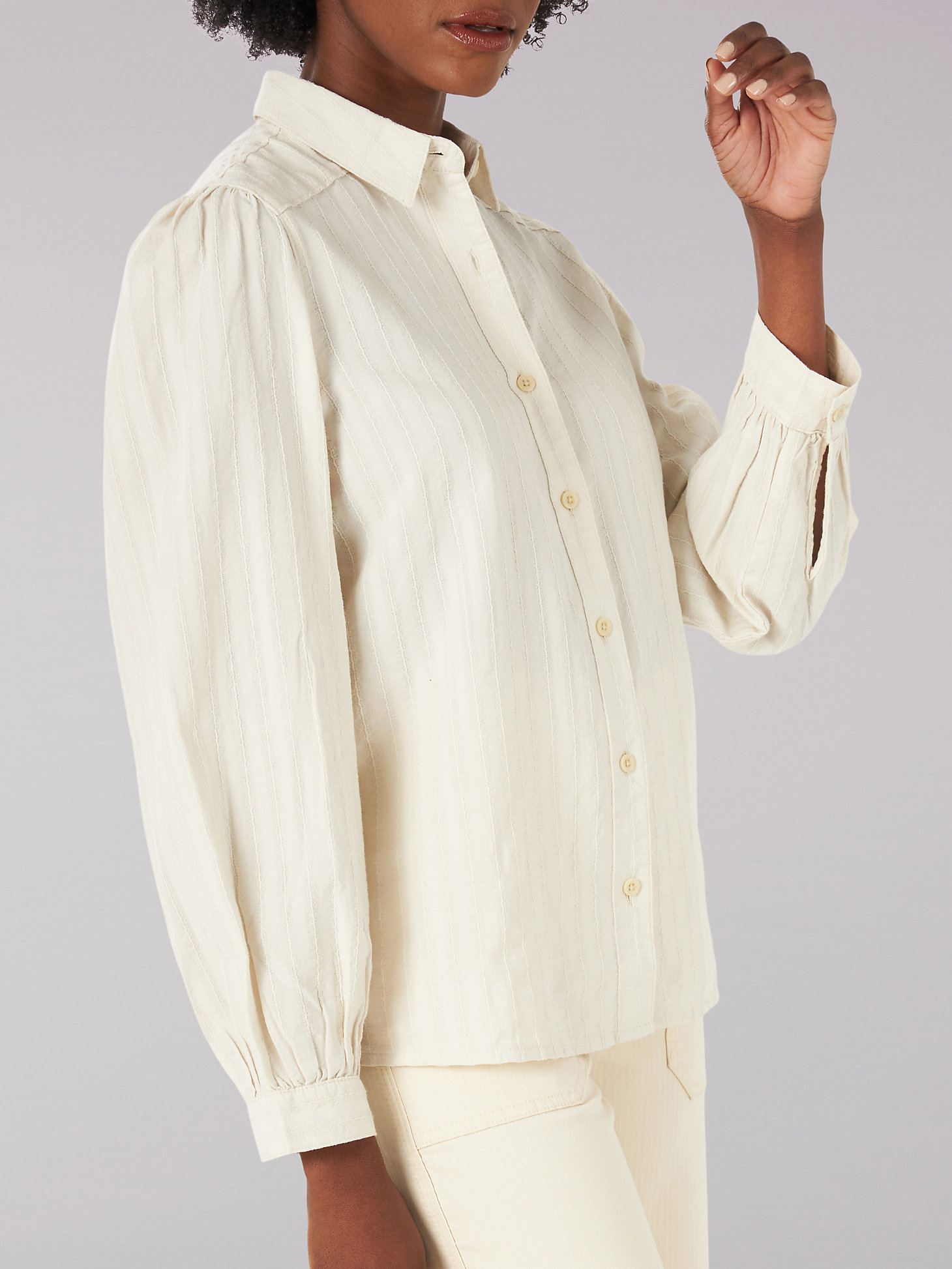 Women's Vintage Modern Lady Lee Lantern Sleeve Button Down Shirt in White Sand alternative view 3