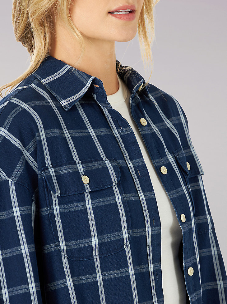 Women's Vintage Modern Frontier Classic Plaid Button Down Shirt in Blue Plaid alternative view