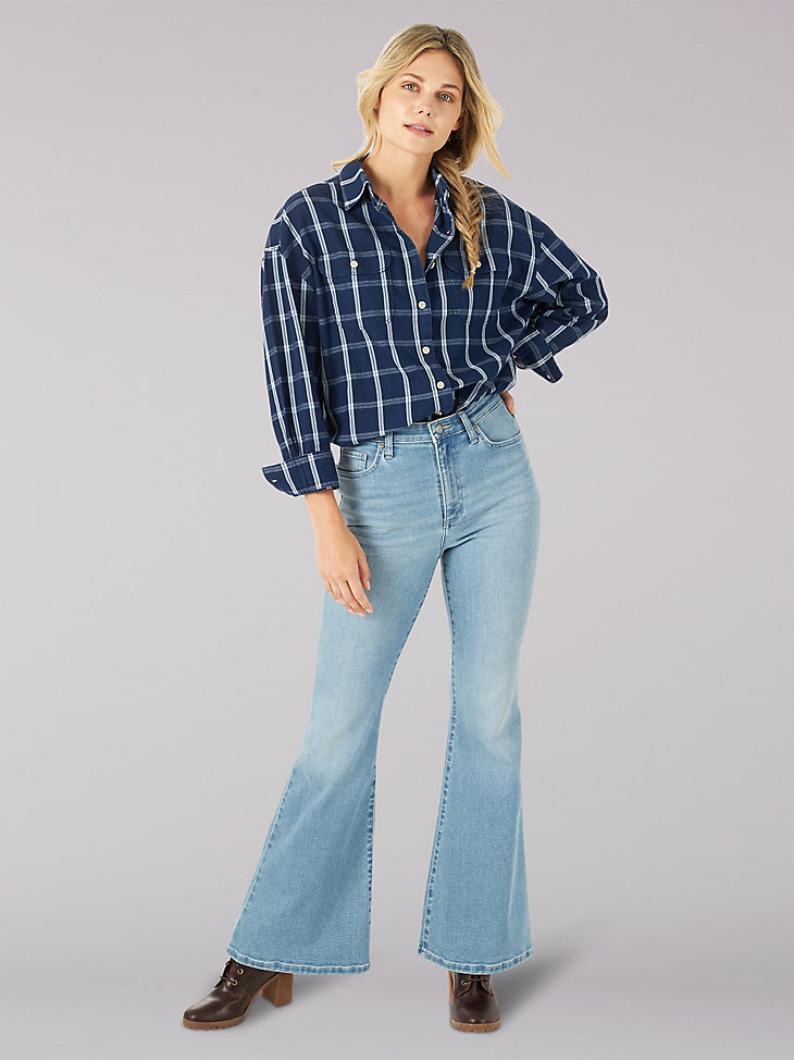Women's Vintage Modern Frontier Classic Plaid Button Down Shirt in Blue Plaid alternative view 4